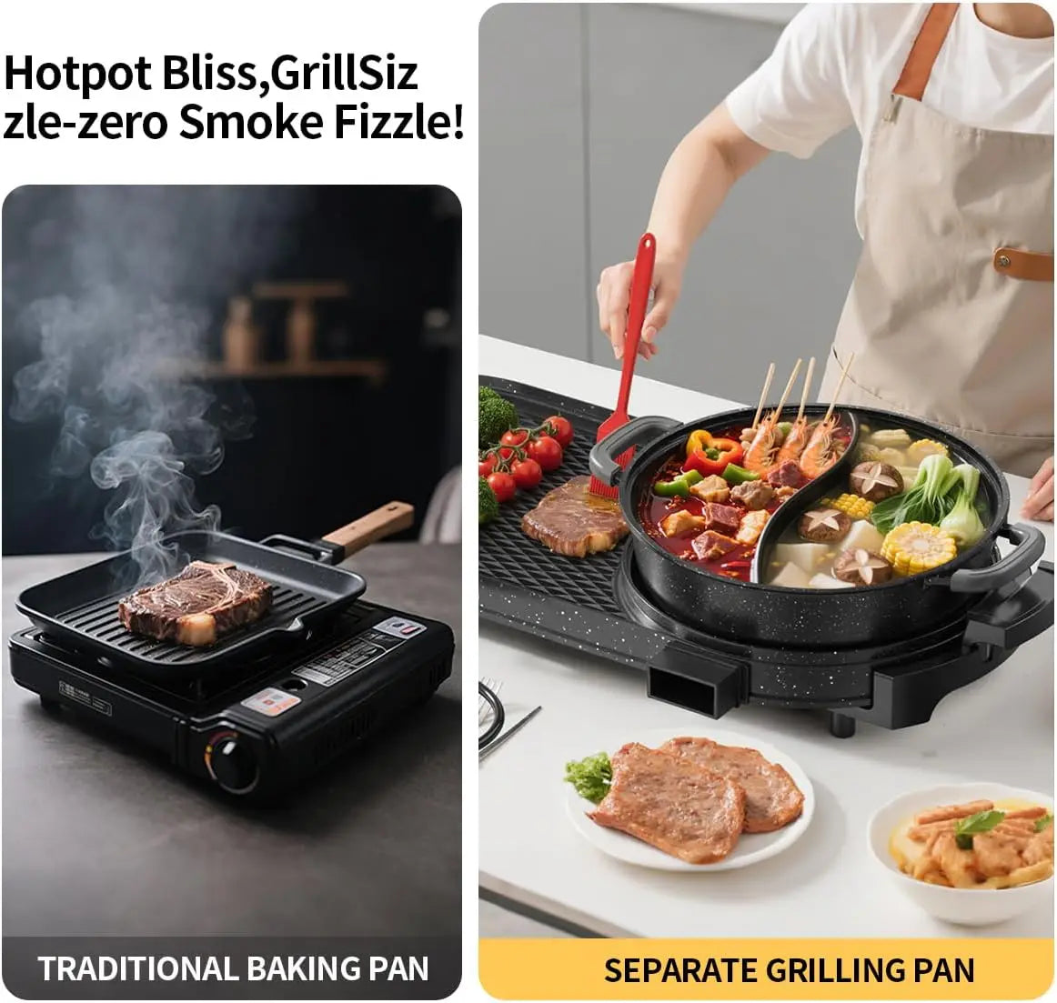 XMSJ 2200W Electric Grill And Hot Pot Combo Indoor Cooking