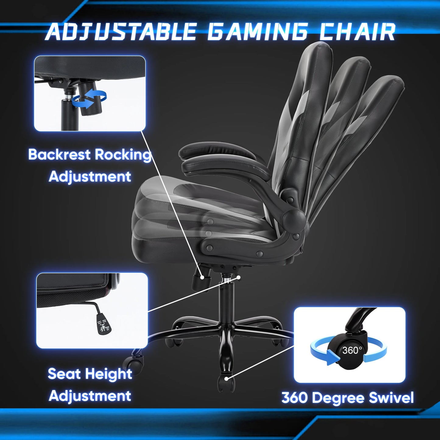 JHK Ergonomic Office Chair Adjustable PU Leather Racing Desk Chair Flip Up Armrests