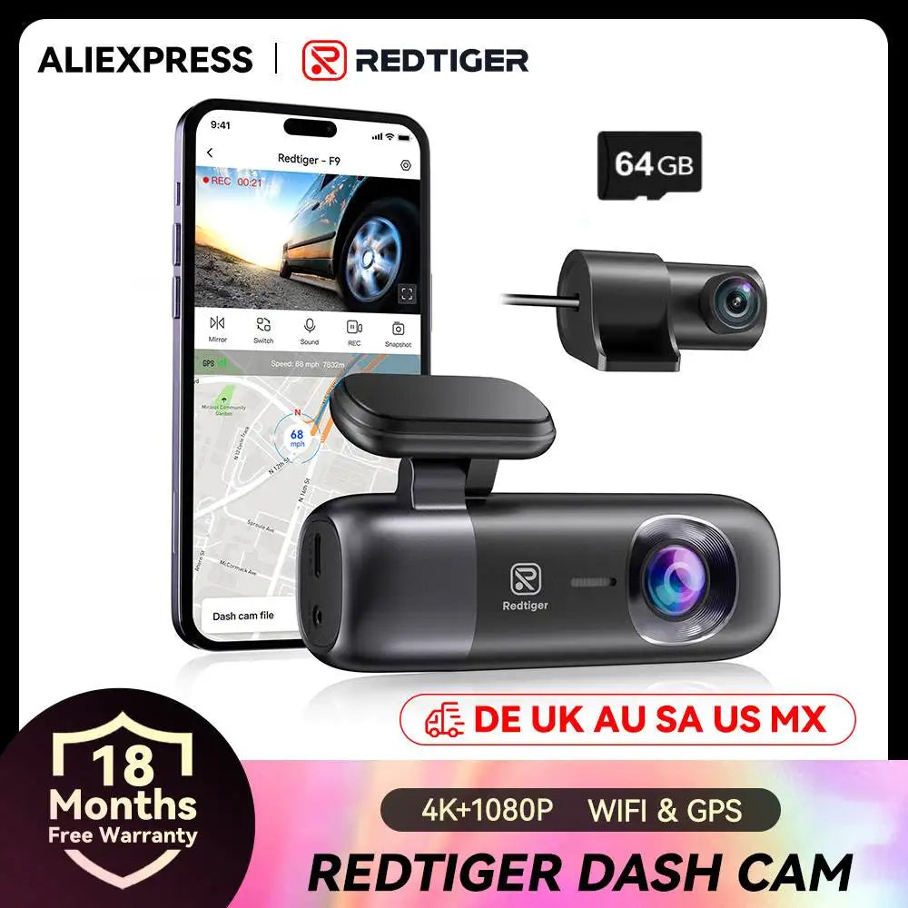 REDTIGER F9 Dashboard Cam 4K Front And Rear GPS WiFi