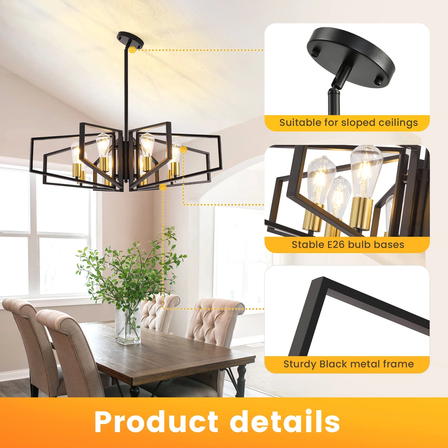 Modern 8-Light Geometric Chandelier With Adjustable Height Pendant