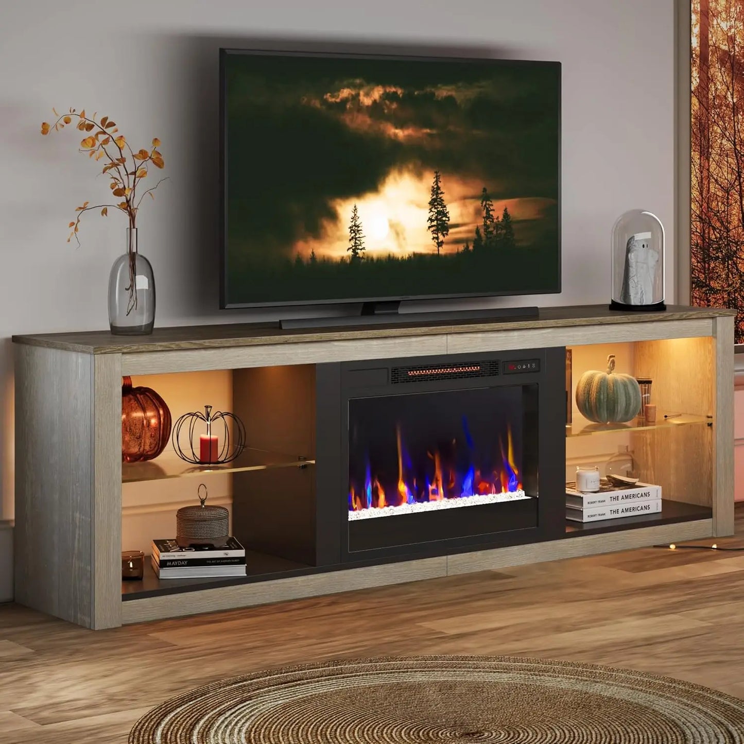 Wooden Fireplace TV Stand With Electric Fireplace Media Console