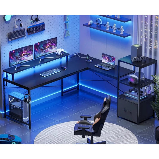 Warran L Shaped Gaming Desk With LED Lights and Storage
