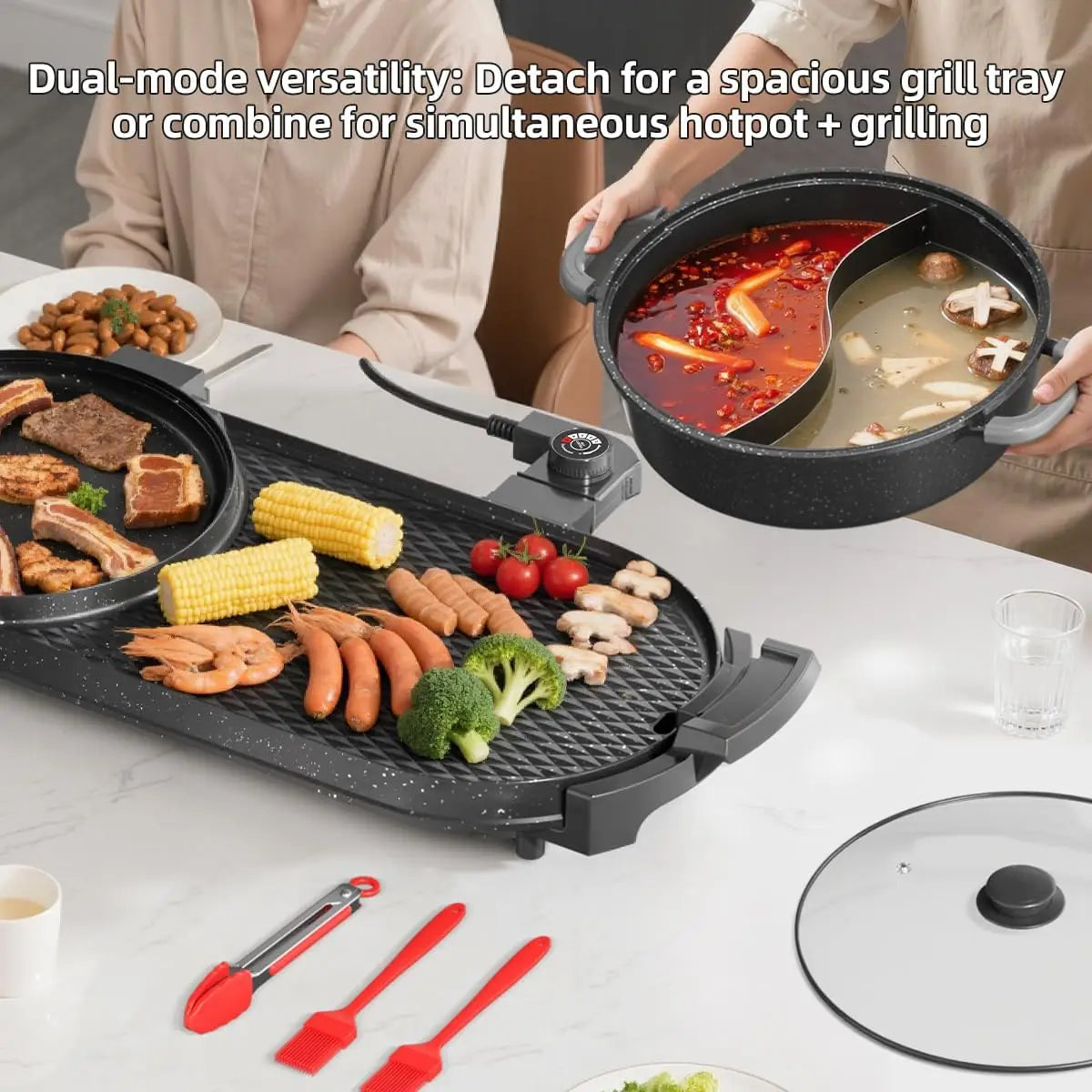 XMSJ 2200W Electric Grill And Hot Pot Combo Indoor Cooking